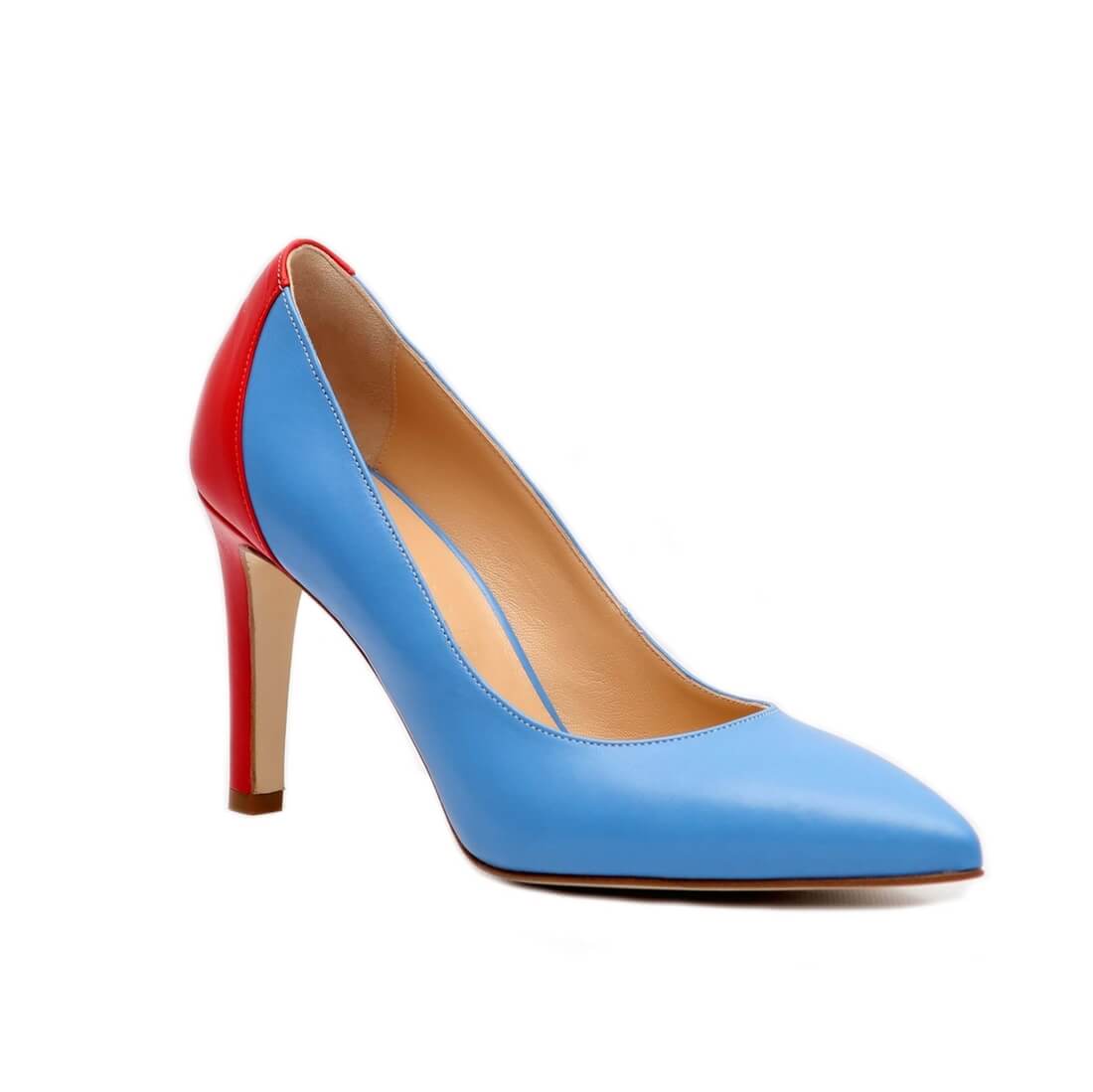 Туфли лодочки SITELLE Anna 80мм голубые с красным каблуком кожаные — фото 3