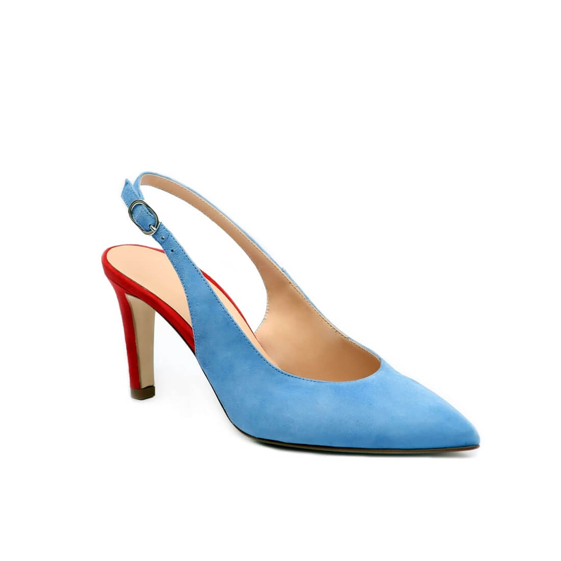 Босоніжки слінгбеки SITELLE Feona 70мм блакитні з червоними підборами замшеві — фото 3