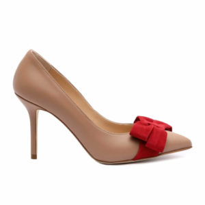 Туфлі човники SITELLE Mia 80мм бежеві з червоно-малиновим бантом шкіряні